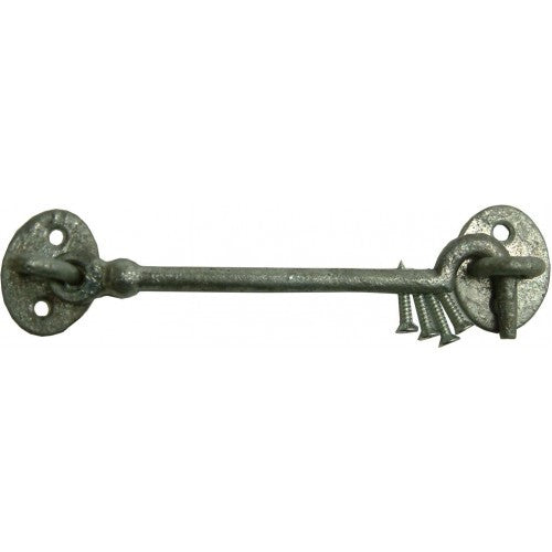 Cabin Hook Galv. 304mm in galvanized cast iron, ideal for securing doors and gates with durable rustic style.