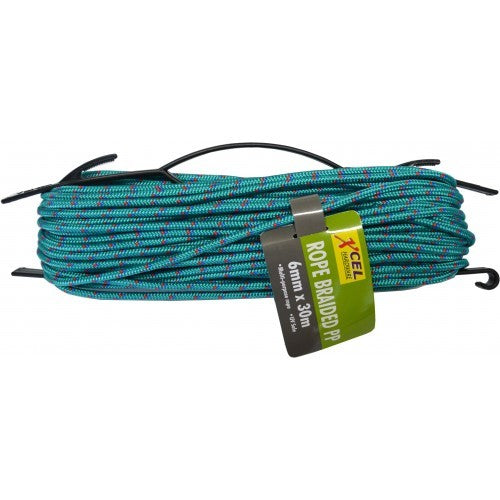 Durable 6mm braided polypropylene rope on plastic winder, ideal for outdoor and marine projects, 30m length.