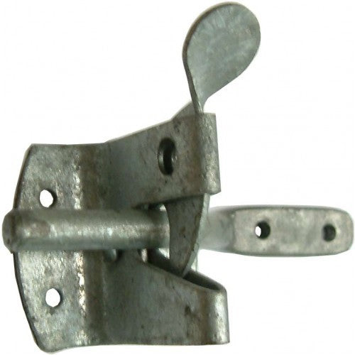 Heavy-duty galvanized steel gate latch for enhanced outdoor security, rust-resistant and padlock compatible.