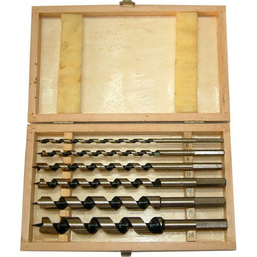 Premium Auger Bit Set in a wooden box with six sizes for precise wood drilling, ideal for DIY and professional use.