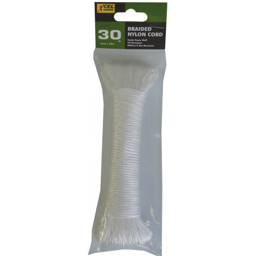 White braided nylon cord, 3mm x 30m, durable for crafting and outdoor use, packaged in a polybag by Xcel.