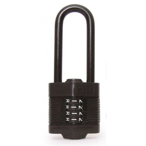 Black 40mm combination padlock with a sturdy 2.5" shackle, features 4 wheels for 10,000 combinations, ideal for secure storage.