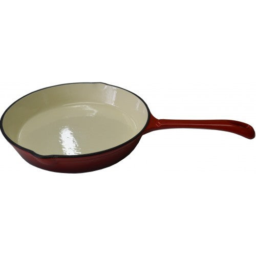 Cast Iron Frypan in vibrant red and white, 25cm, perfect for even cooking and stunning table presentation.