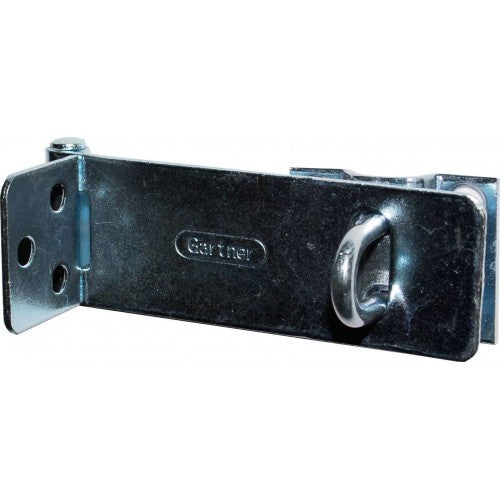 Medium 115mm galvanized hasp and staple for secure locking of doors, gates, and storage units with a tamper-proof design.