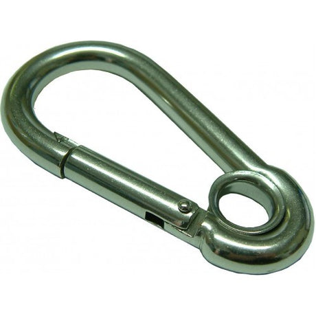 Pear shape stainless steel karabiners with eyelets, 8 x 80mm, ideal for climbing, rigging, and outdoor adventures.