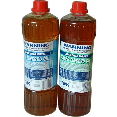 1-Litre Raw Linseed Oil in a clear bottle, ideal for painting and wood finishing, showcasing its rich golden hue.