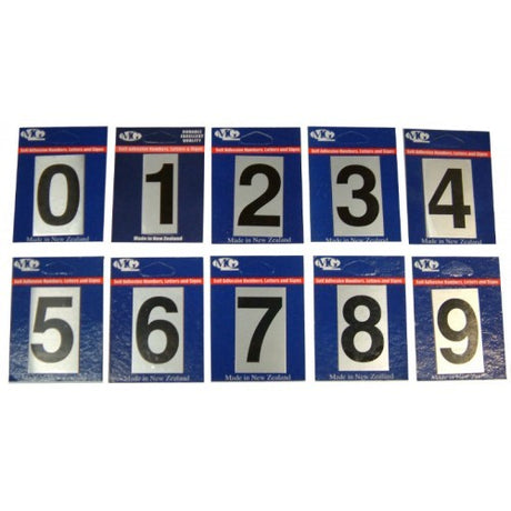 Self-adhesive aluminium number '3', 50mm high, for enhancing address visibility on letterboxes and signage.