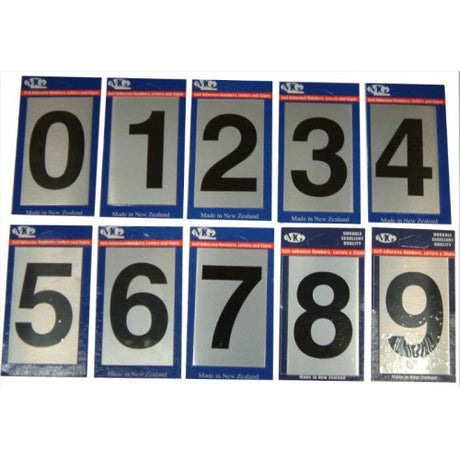Self-adhesive aluminium letterbox numbers, 75mm, stylish and durable for indoor and outdoor use.
