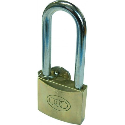 Brass 32mm long shank padlock #263 with durable construction for secure locking of bikes, gates, and storage units.