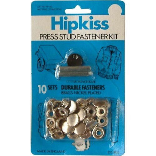 Press Stud Kits Material to Wood PP101: Durable brass fasteners with cutter, punch, and die for secure attachments to wood.