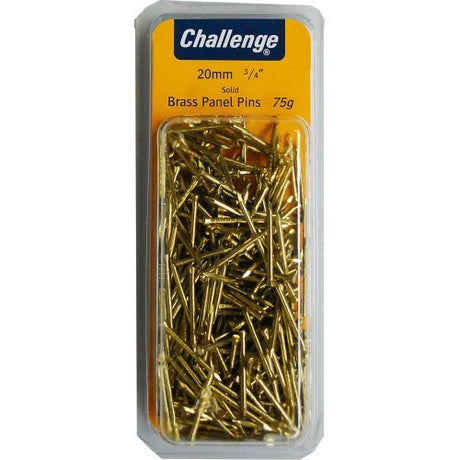 Brass panel pins in 25mm length, ideal for precise woodworking, rust-resistant, and packaged for convenience.