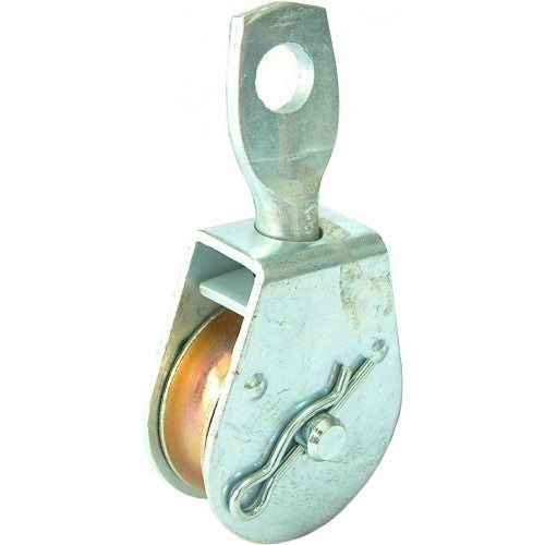 Zinc plated 65mm steel pulley block with swivel eye and 10mm rope capacity for efficient lifting and rigging applications.