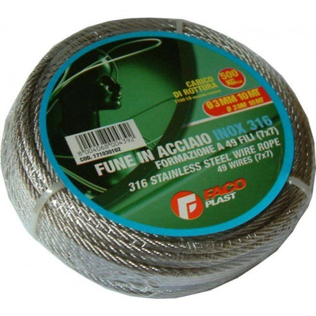 316 stainless steel wire rope coil, 2mm x 10m, versatile for marine and DIY applications, strong and corrosion-resistant.