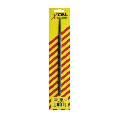 8-inch Slim Taper Files from Xcel in a carded package, featuring high carbon steel for precision filing in woodworking and metalworking.