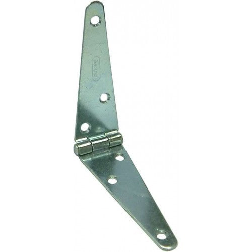 Durable galvanized 4-inch gate hinge strap for gates, doors, and fences, featuring staggered screw holes for weight distribution.