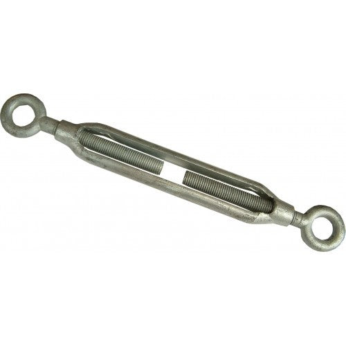 Galvanized turnbuckle with 3/8 inch size, featuring adjustable tension for secure outdoor and indoor applications.