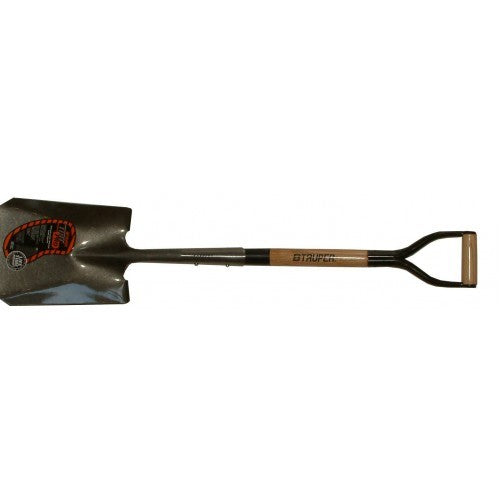 Heavy-duty Truper Pro #4 shovel with carbon steel head and wood D-grip, ideal for landscaping and construction tasks.