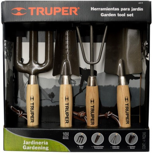 Set of 4 garden hand tools in a color box, featuring ergonomic wooden handles and durable carbon steel heads.