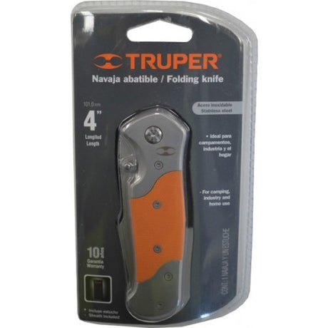 Pocket Knife Truper with 10cm stainless steel blade, lock mechanism, lightweight design, and belt clip for easy carrying.