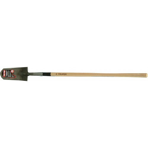 Trenching Shovel Truper Pro with 5" carbon steel head, lightweight, ergonomic handle for easy use in landscaping projects.
