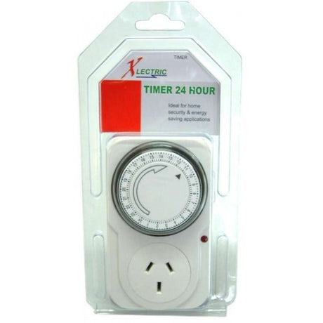Compact 24-hour plug-in timer switch for automated device control and energy efficiency.
