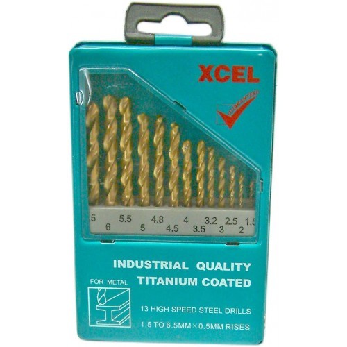 Titanium Xcel 13-Pc Drill Set in steel case featuring high-performance bits with enhanced durability and precision for various projects.