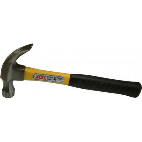 Xcel 20oz Carpenter's Hammer with yellow fib handle, ergonomic grip, and polished claw head for durable performance.