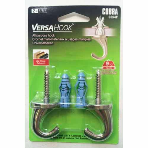 Cobra Hook For Plasterboard Or Solid Materials 2 Pack Nickel Pack of 2