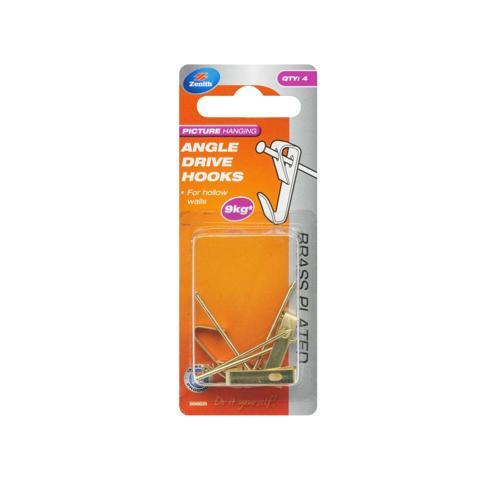 Zenith Angle Drive Hooks Brass Finish Pack of 4