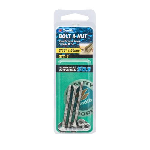 Zenith Countersunk Bolt & Nut 3/16 Inch X 50mm Stainless Steel Pack of 3