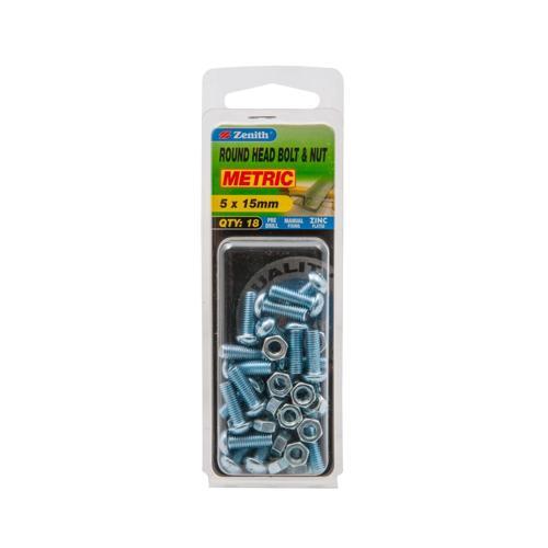 Zenith Round Head Bolt & Nut 5 X 15mm Zinc Plated Pack of 18