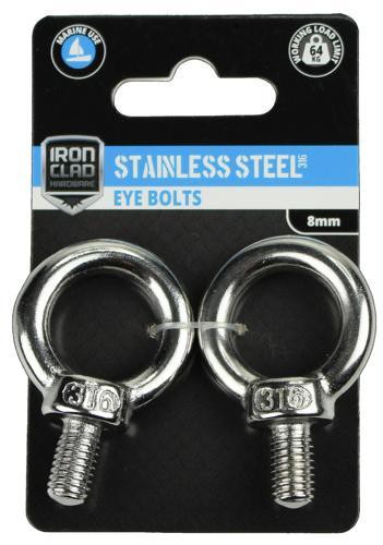 Iron Clad Eye Bolts 8mm Stainless Steel 316 Pack of 2