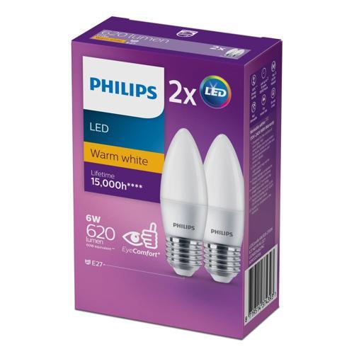 Philips Light Bulb LED E27 620lm Frosted Candle 2 Pack 6W Warm White Pack of 2