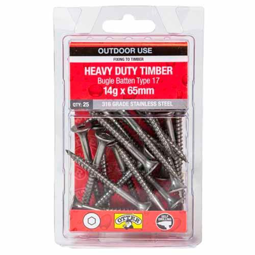 Otter Heavy Duty Timber Screws 14g X 65mm Pack of 25 Stainless Steel