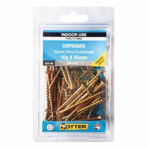 Otter Chipboard Screws 10g X 65mm Pack of 50 Zinc Gold Plated