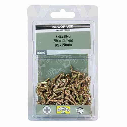 Otter Fibre Cement Sheeting Screws 8g X 20mm Pack of 100 Zinc Gold Plated