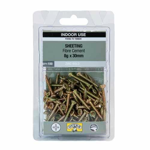 Otter Fibre Cement Sheeting Screws 8g X 30mm Pack of 100 Zinc Gold Plated
