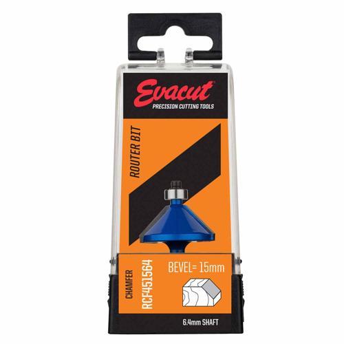 Evacut Router Bit Chamfer Shank: 6.4mm 15mm Bevel Blue And Grey