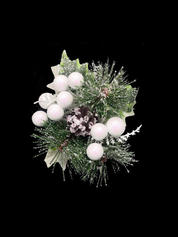 Snowy Pine Pick w/Pine cone & White Berries (7")
