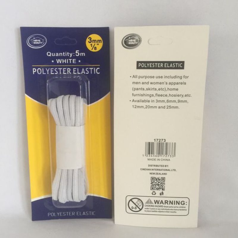 Elastic - Polyester White 5m x 3mm (Set of 12)