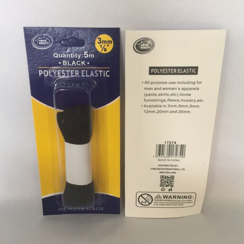 Elastic - Polyester Black 5m x 3mm (Set of 12)