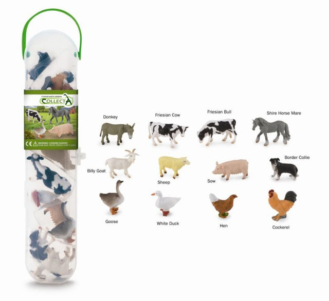 CollectA Box of Mini Farm Animals featuring detailed miniatures of cows, sheep, pigs, and chickens, perfect for play and education.