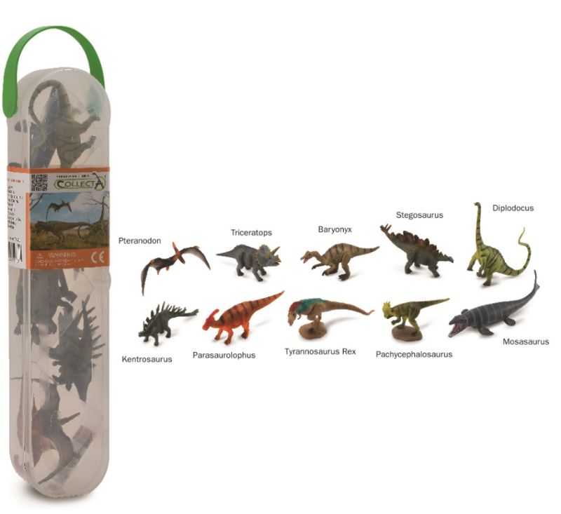 A colorful box of mini dinosaur figures, featuring various species for imaginative play and educational fun.