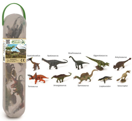 Collector Case Tube with 10 mini dinosaurs, perfect for imaginative play and educational purposes, measuring 27x4x2 cm.