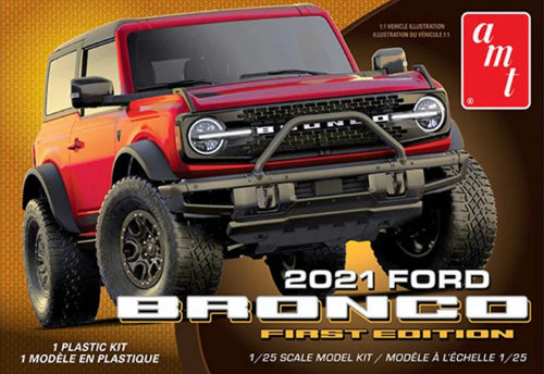 Plastic model kit of the 21 Ford Bronco 1st Edition for collectors and builders, featuring detailed components and easy assembly.