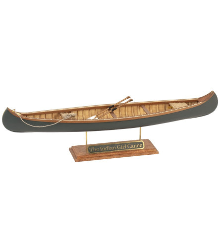 Intricate 1/16 scale wooden model of The Indian Girl Canoe, perfect for collectors and nautical decor.