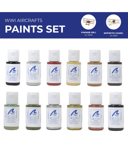 Wooden Ship Kit Fitting Paint Set 1: Airplane with 12 non-toxic, vibrant 20ml paints for creative model building.