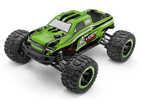 1/16 Slyder MT Turbo Green RC monster truck with turbo speed, durable design, and included batteries for all-terrain fun.