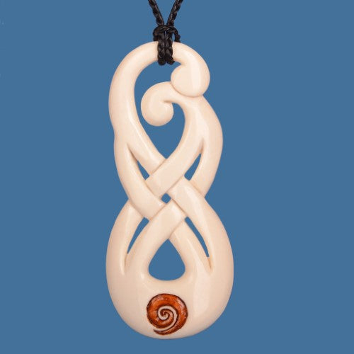 Handcrafted Twist Couple Pendant Necklace symbolizes love and unity, featuring a unique koru design on a durable black wax cord.