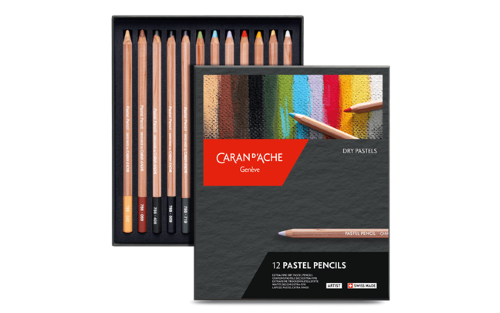 Set of 12 Caran d'Ache pastel pencils in vibrant colors, perfect for artists seeking quality and versatility.